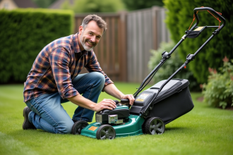 Homme moyenâgeux nettoyant une tondeuse électrique dans le jardin