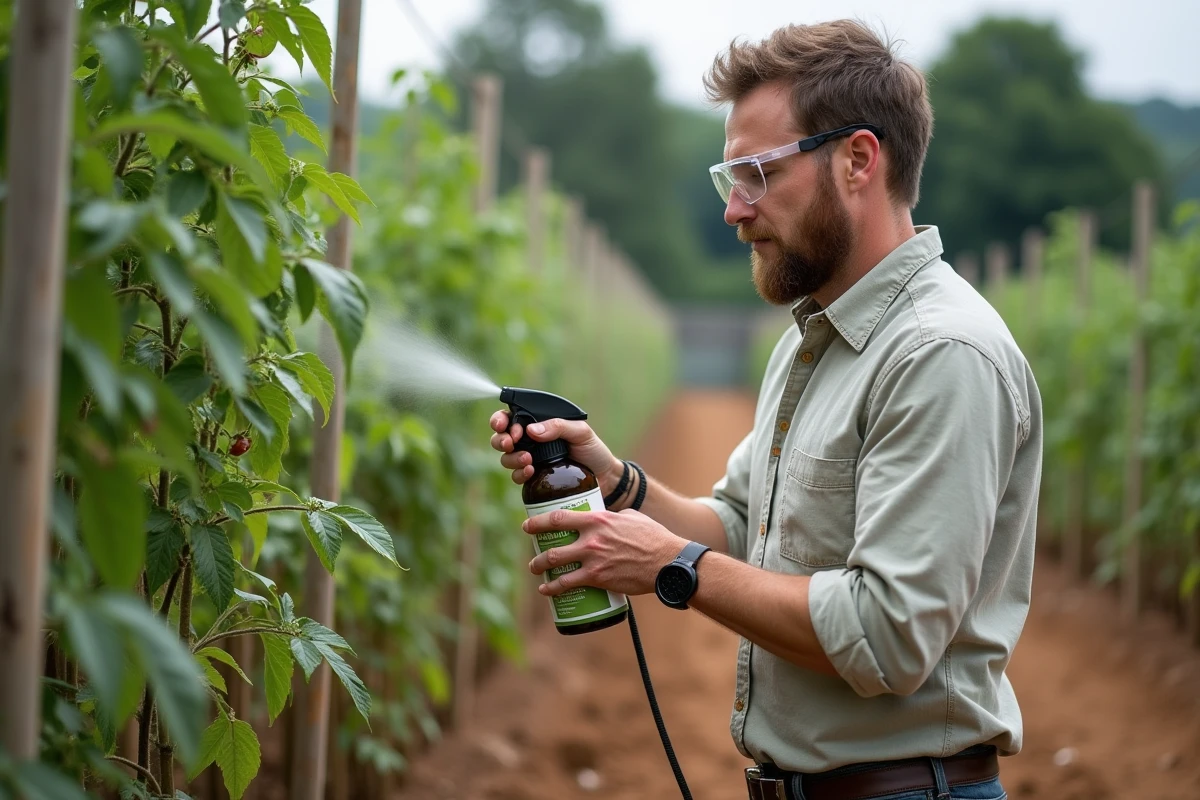 Homme traitant ses plants de tomates avec un spray naturel contre les petites bêtes rouges au jardin