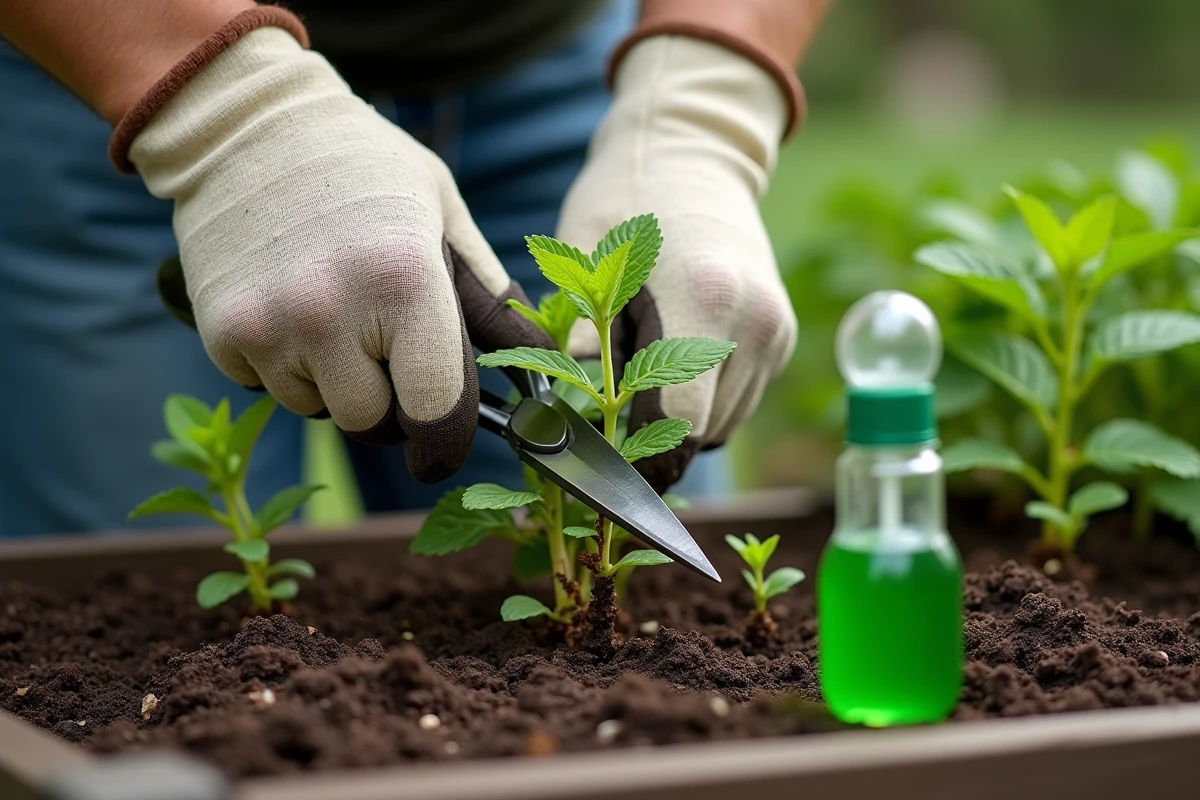 Jardinière traitant des plants de menthe malades avec des ciseaux et une solution biologique dans un carré potager