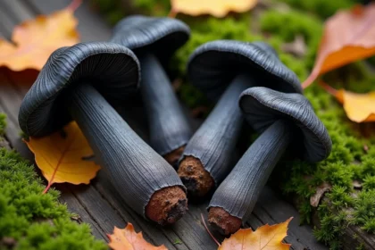 Gros plan sur des trompettes de la mort sauvages posées sur du bois avec mousse et feuilles d'automne, illustration des champignons à risque pour les enfants