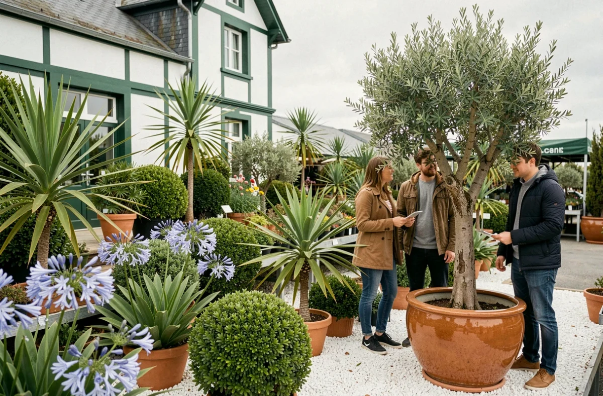 Espace extérieur du Truffaut d'Anglet au Pays basque avec plantes méditerranéennes sur gravier blanc et façade basque en arrière-plan