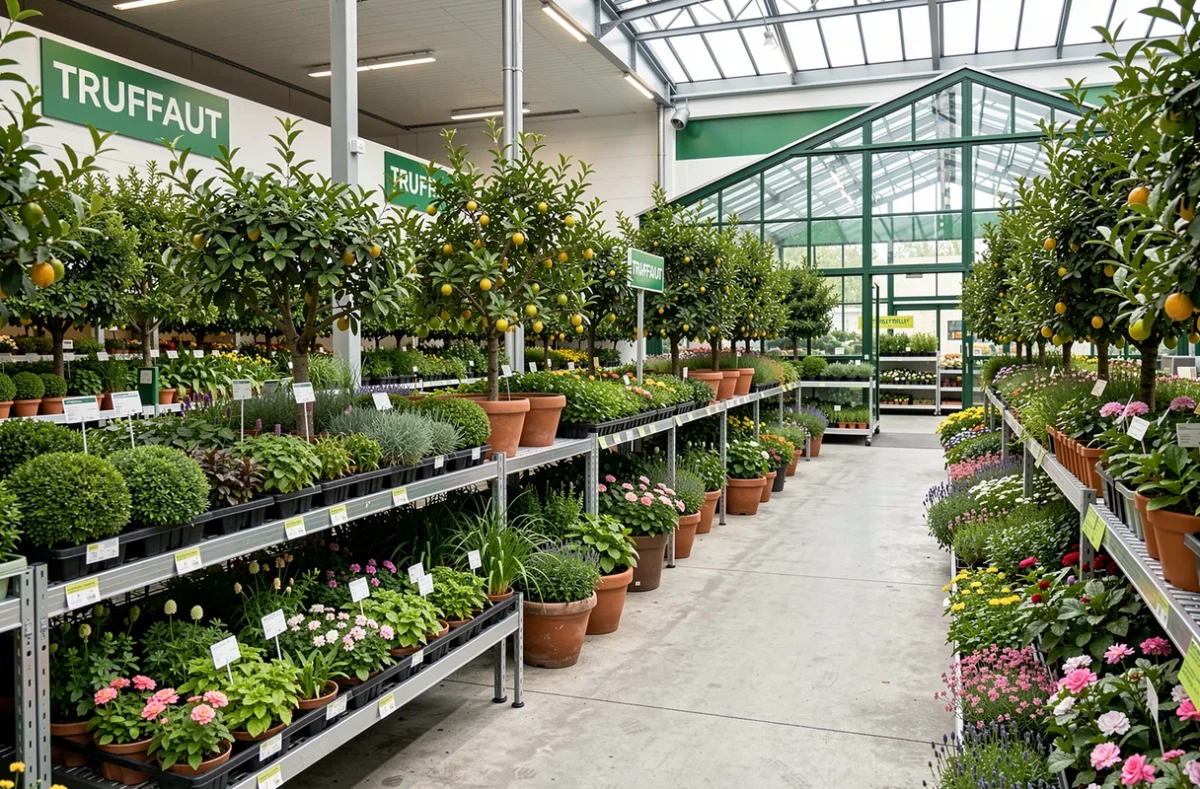 Rayon extérieur du Truffaut de Boulogne-Billancourt avec allées de plantes, arbustes et arbres en pot