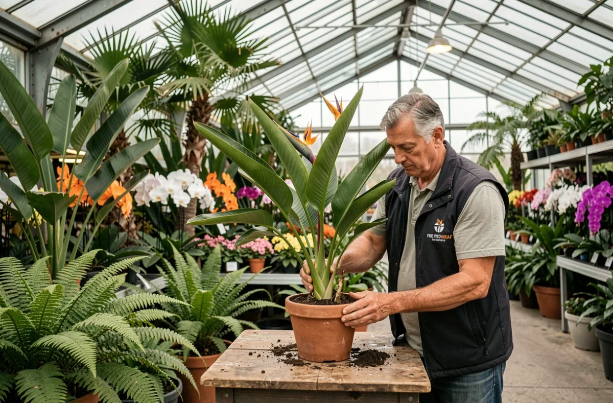 Section plantes tropicales du Truffaut de Lons en Béarn, avec un employé rempotant un strelitzia sous une grande verrière