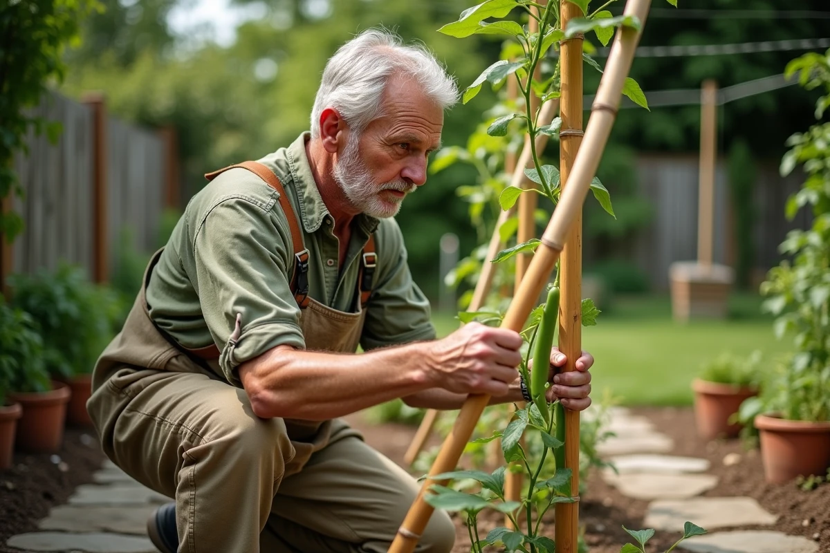 Jardinier installant un tuteurage en bambou pour des haricots verts grimpants dans un potager