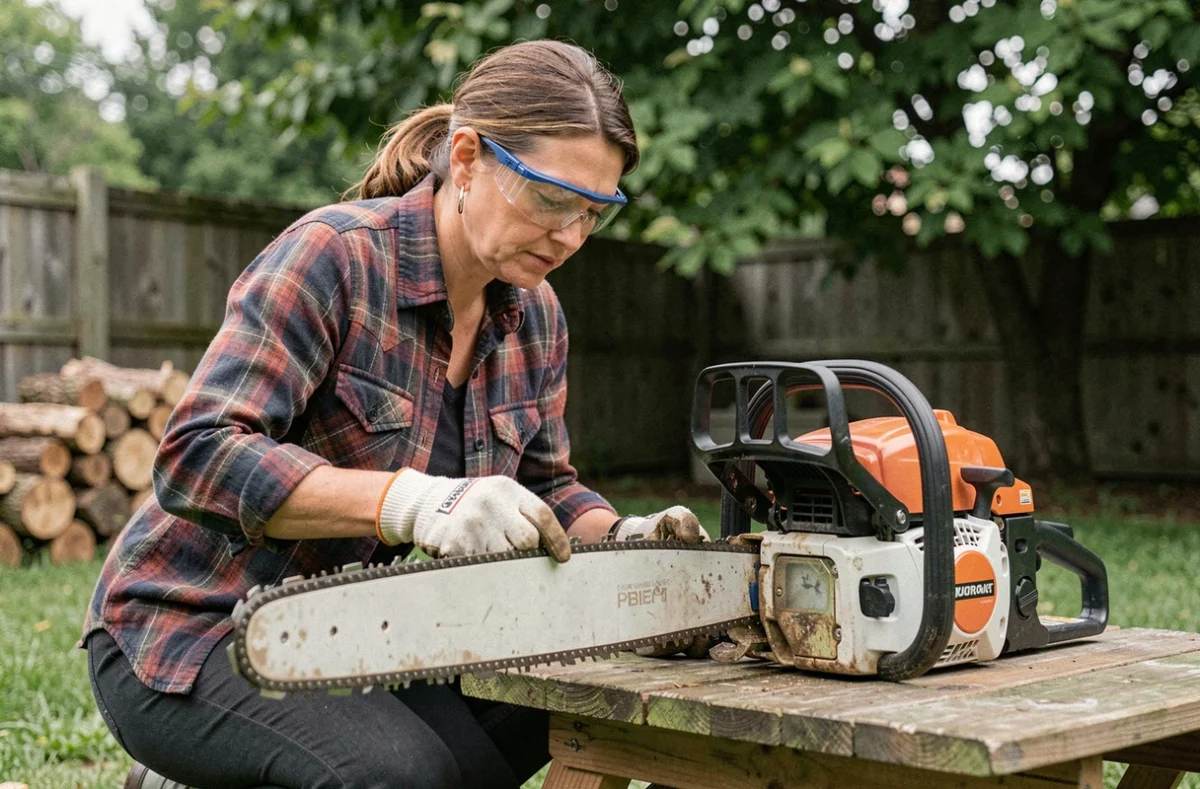 Femme inspectant le réservoir d'huile et la tension de chaîne d'une tronçonneuse électrique dans un jardin