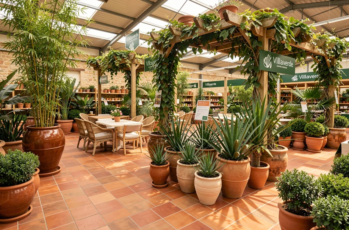 Espace extérieur de Villaverde Colombes avec mobilier de jardin, céramiques et arbustes tropicaux sous pergola végétalisée