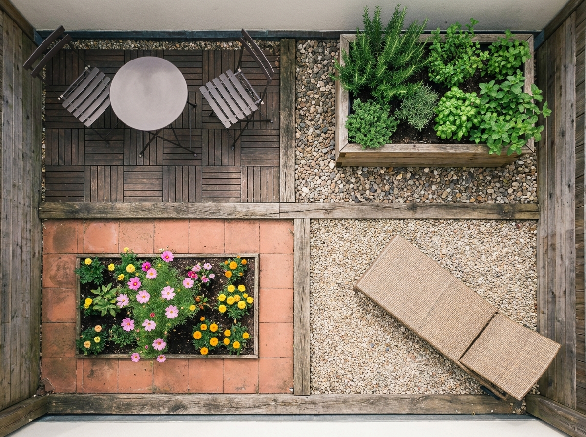 Vue aérienne d'une terrasse urbaine divisée en quatre zones fonctionnelles : coin repas, potager, parterre de fleurs et espace détente en gravier