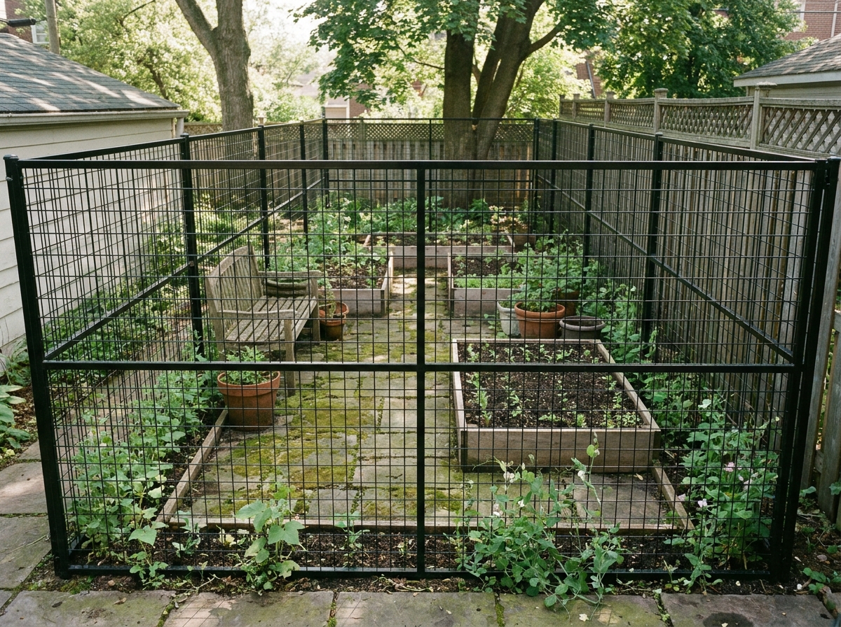 Vue d'ensemble d'un petit jardin clôturé avec un grillage soudé noir sur lequel grimpent des haricots et des pois de senteur